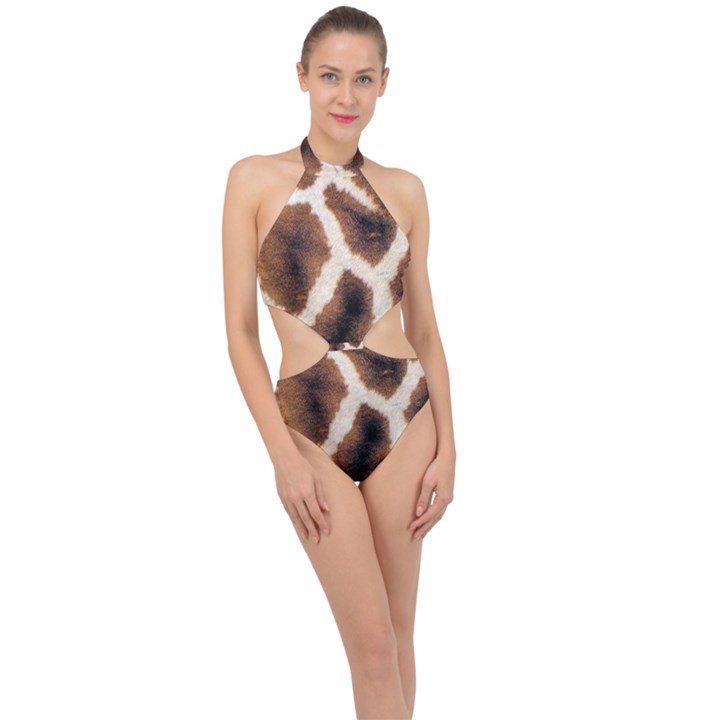 Giraffe Skin Texture Halter Side Cut Swimsuit