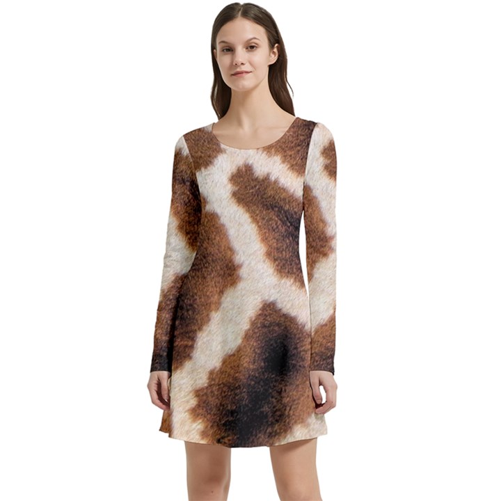 Giraffe Skin Texture Long Sleeve Velour Skater Dress