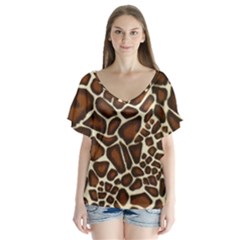 Giraffe Texture, Macro V-neck Flutter Sleeve Top by kyorashop23