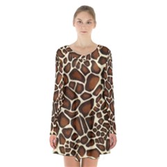 Giraffe Texture, Macro Long Sleeve Velvet V-neck Dress