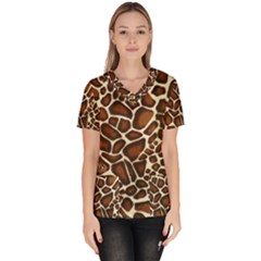 Giraffe Texture, Macro Women s V-neck Scrub Top by kyorashop23