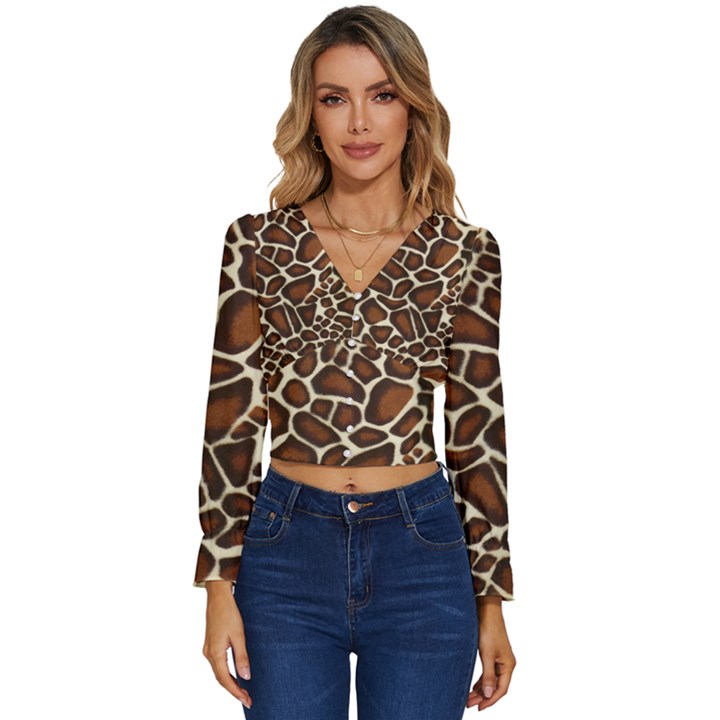 Giraffe Texture, Macro Long Sleeve V-Neck Top