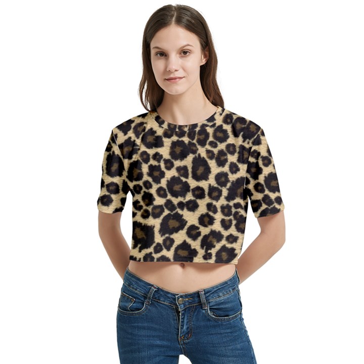 Jaguar Skin Texture, Jaguar Wool Texture, Yellow Women s Round Neck Short Sleeve Crop Top