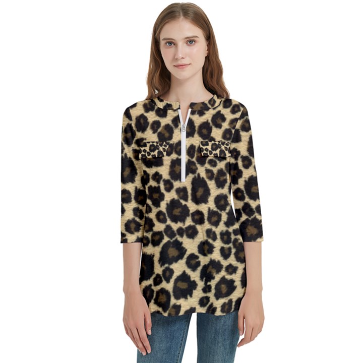 Jaguar Skin Texture, Jaguar Wool Texture, Yellow Women s Zip Front V-Neck 3/4 Sleeve Casual Top Pocket Shirt