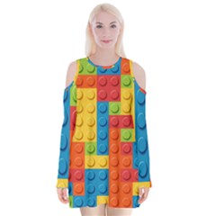 Lego Bricks, Colorful Dots Background Velvet Long Sleeve Shoulder Cutout Dress