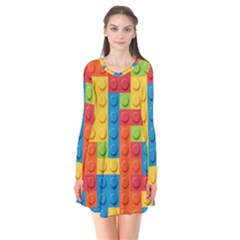 Lego Bricks, Colorful Dots Background Long Sleeve V-neck Flare Dress by kyorashop23