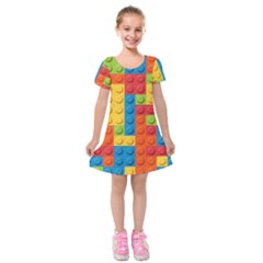 Lego Bricks, Colorful Dots Background Kids  Short Sleeve Velvet Dress