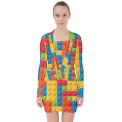 Lego Bricks, Colorful Dots Background V-neck Bodycon Long Sleeve Dress by kyorashop23