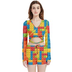 Lego Bricks, Colorful Dots Background Velvet Wrap Crop Top And Shorts Set