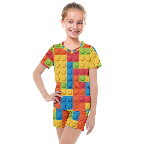 Lego Bricks, Colorful Dots Background Kids  Mesh T-shirt And Shorts Set by kyorashop23