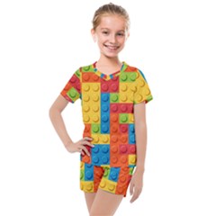 Lego Bricks, Colorful Dots Background Kids  Mesh T-shirt And Shorts Set