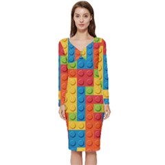 Lego Bricks, Colorful Dots Background Long Sleeve V-neck Bodycon Dress  by kyorashop23