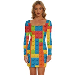 Lego Bricks, Colorful Dots Background Long Sleeve Square Neck Bodycon Velvet Dress by kyorashop23