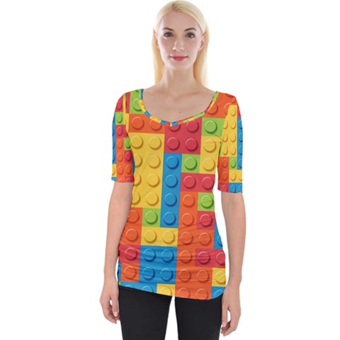 Lego Bricks, Colorful Dots Background Wide Neckline T-shirt by kyorashop23