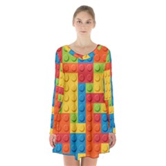 Lego Bricks, Colorful Dots Background Long Sleeve Velvet V-neck Dress