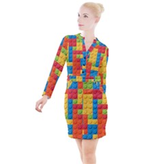 Lego Bricks, Colorful Dots Background Button Long Sleeve Dress by kyorashop23