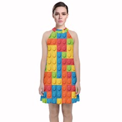 Lego Bricks, Colorful Dots Background Velvet Halter Neckline Dress 