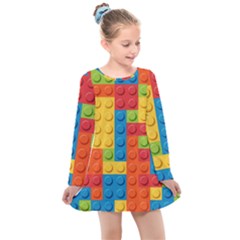 Lego Bricks, Colorful Dots Background Kids  Long Sleeve Dress by kyorashop23