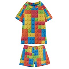 Lego Bricks, Colorful Dots Background Kids  Swim T-shirt And Shorts Set by kyorashop23