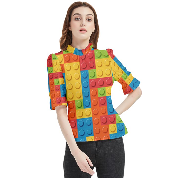 Lego Bricks, Colorful Dots Background Frill Neck Blouse