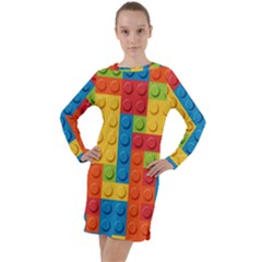 Lego Bricks, Colorful Dots Background Long Sleeve Hoodie Dress