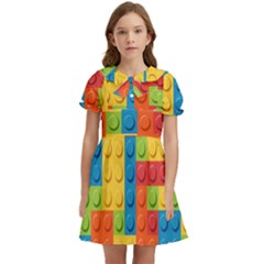 Lego Bricks, Colorful Dots Background Kids  Bow Tie Puff Sleeve Dress by kyorashop23