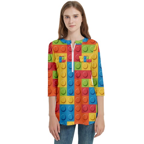 Lego Bricks, Colorful Dots Background Women s Zip Front V-neck 3/4 Sleeve Casual Top Pocket Shirt by kyorashop23