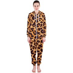 Leopard Skin Texture Macro, Brown Hooded Jumpsuit (ladies)