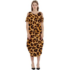 Leopard Skin Texture Macro, Brown Cold Shoulder Loose Fit Dress With Pockets