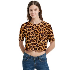 Leopard Skin Texture Macro, Brown Women s Round Neck Short Sleeve Crop Top by kyorashop23