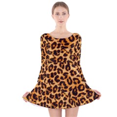 Leopard Skin Texture Macro, Brown Long Sleeve Velvet Skater Dress