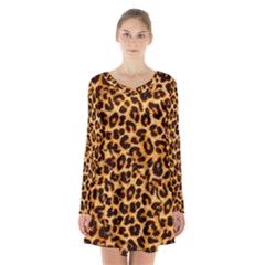 Leopard Skin Texture Macro, Brown Long Sleeve Velvet V-neck Dress