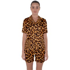 Leopard Skin Texture Macro, Brown Satin Short Sleeve Pajamas Set by kyorashop23