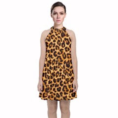 Leopard Skin Texture Macro, Brown Velvet Halter Neckline Dress 