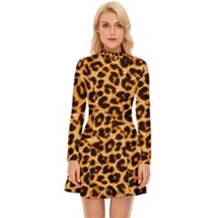 Leopard Skin Texture Macro, Brown Long Sleeve Velour Longline Dress by kyorashop23