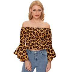 Leopard Skin Texture Macro, Brown Off Shoulder Flutter Bell Sleeve Top by kyorashop23