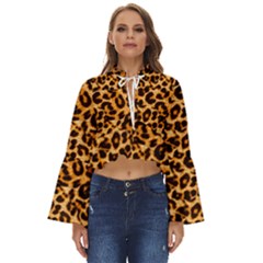 Leopard Skin Texture Macro, Brown Boho Long Bell Sleeve Top