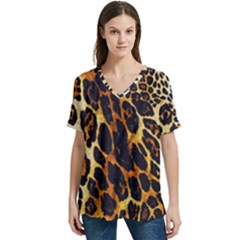 Leopard Skin Texture, Macro, Brown V-neck Split Shoulder Casual T-shirt