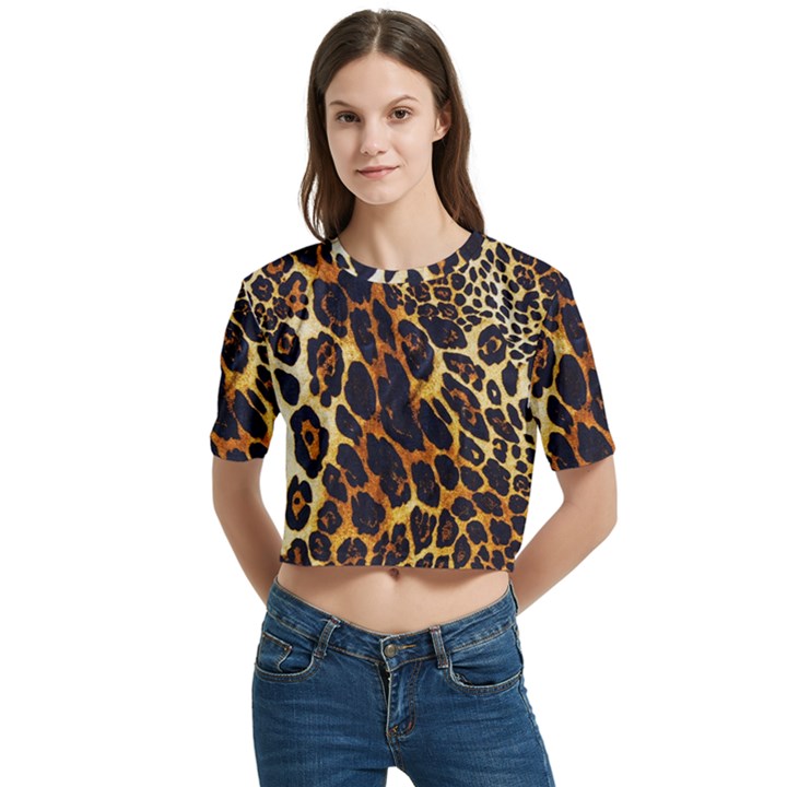 Leopard Skin Texture, Macro, Brown Women s Round Neck Short Sleeve Crop Top