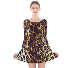 Leopard Skin Texture, Macro, Brown Long Sleeve Velvet Skater Dress