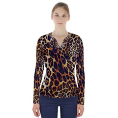 Leopard Skin Texture, Macro, Brown V-neck Long Sleeve Top by kyorashop23