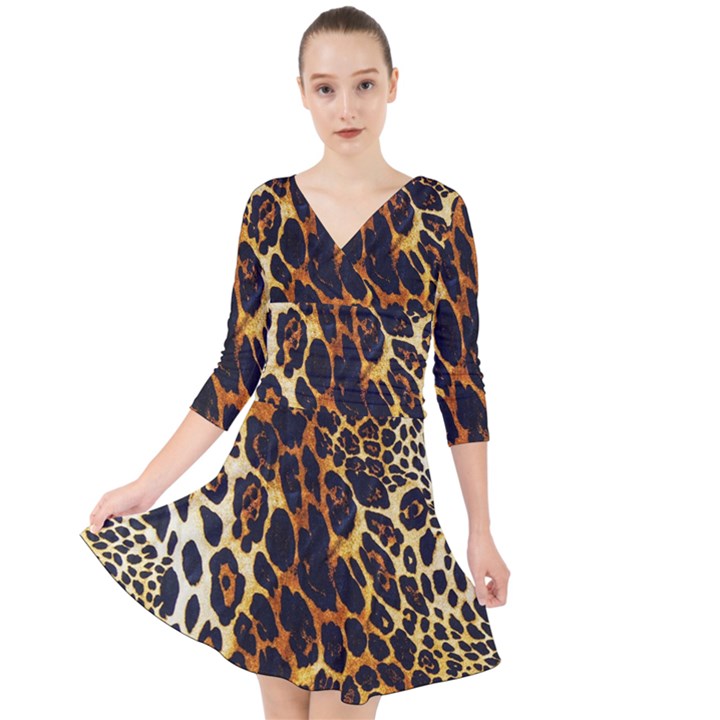 Leopard Skin Texture, Macro, Brown Quarter Sleeve Front Wrap Dress