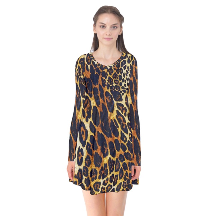 Leopard Skin Texture, Macro, Brown Long Sleeve V-neck Flare Dress