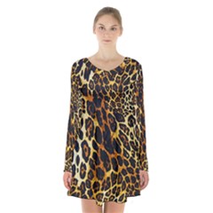 Leopard Skin Texture, Macro, Brown Long Sleeve Velvet V-neck Dress