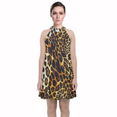 Leopard Skin Texture, Macro, Brown Velvet Halter Neckline Dress 