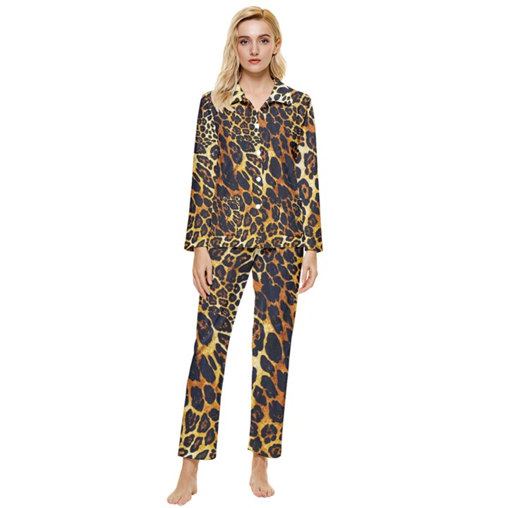 Leopard Skin Texture, Macro, Brown Womens  Long Sleeve Velvet Pocket Pajamas Set