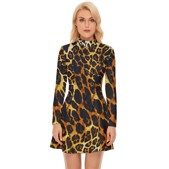 Leopard Skin Texture, Macro, Brown Long Sleeve Velour Longline Dress