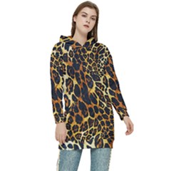 Leopard Skin Texture, Macro, Brown Women s Long Oversized Pullover Hoodie