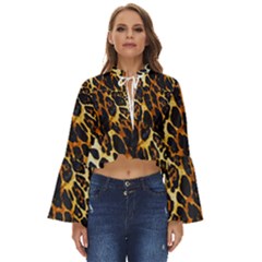 Leopard Skin Texture, Macro, Brown Boho Long Bell Sleeve Top