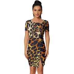 Leopard Skin Texture, Macro, Brown Fitted Knot Split End Bodycon Dress by kyorashop23